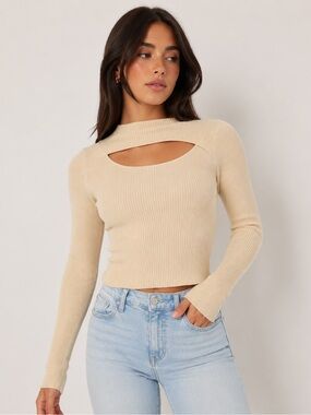 Ribbed Cutout Long-Sleeve Top in Beige
